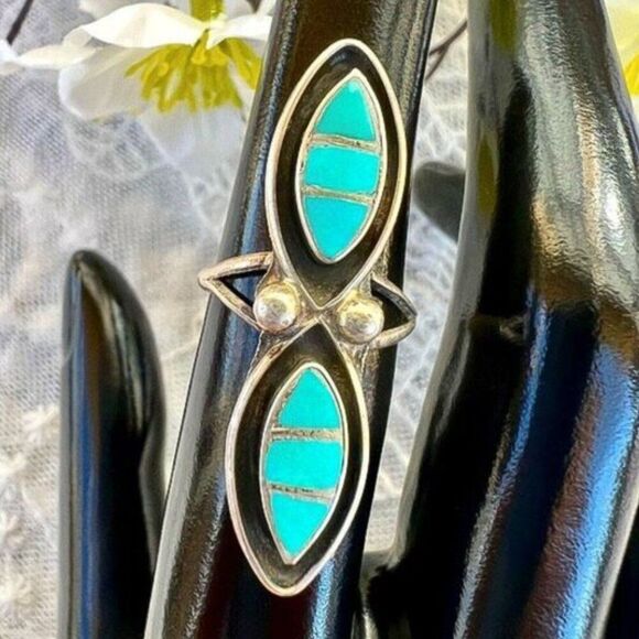 Vintage Native Turquoise Inlay Zuni Dishta Long Ring - Picture 1 of 9
